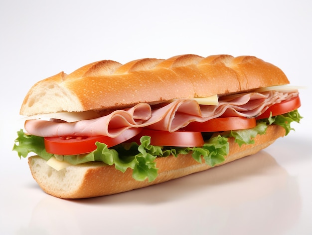 Un panino al prosciutto con sopra lattuga e pomodoro.