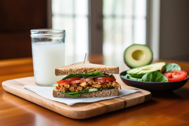 Un panino al tempeh su un tavolo di legno con un bicchiere d'acqua