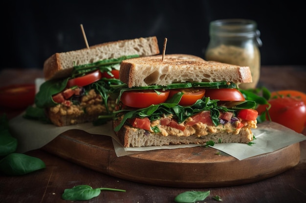 Un panino al tonno con pomodori e spinaci su un tagliere