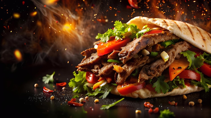 un panino alla griglia con carne e verdure su un tavolo