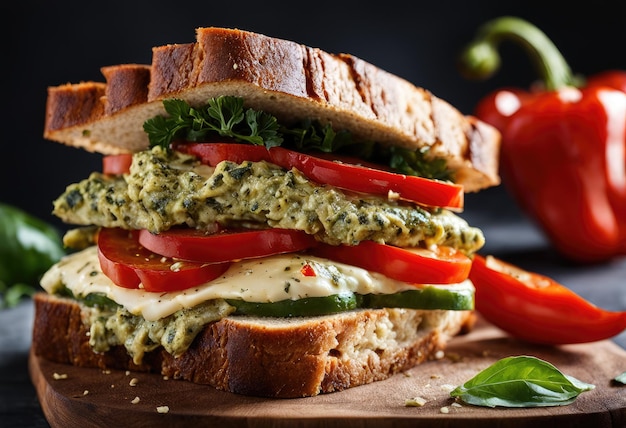 Un panino alle verdure con peperoni rossi arrostiti e pesto