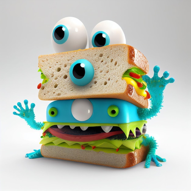 Un panino cartone animato con sopra un mostro