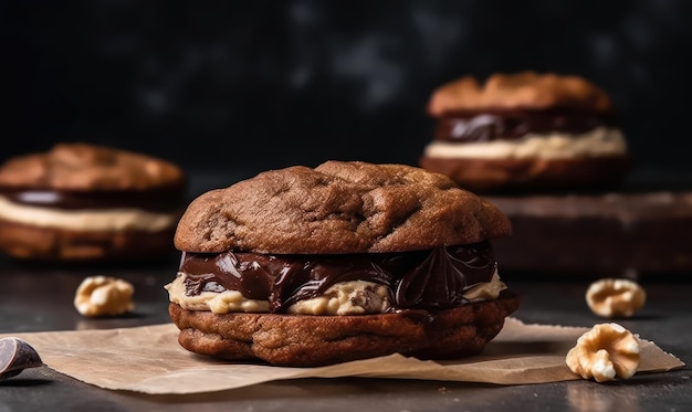 Un panino con biscotti al cioccolato con ripieno di crema al cioccolato.