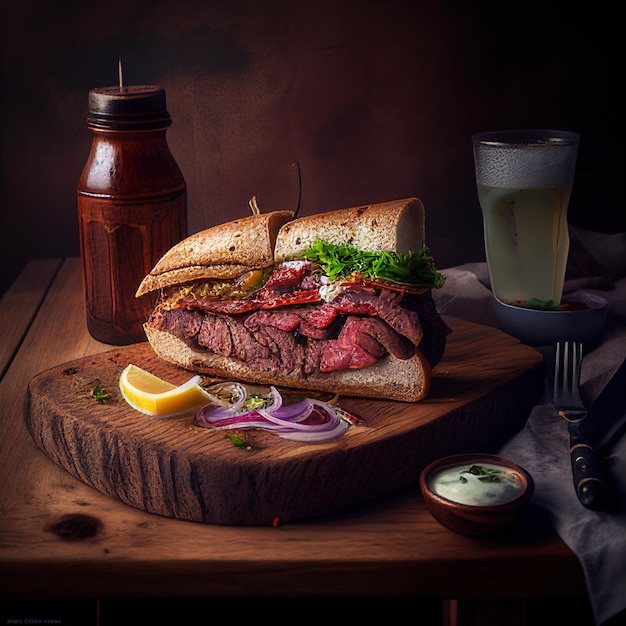 Un panino con carne e verdure si trova su un tagliere accanto a un bicchiere di birra.