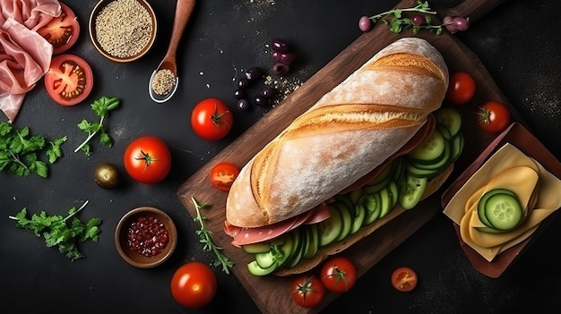 Un panino con carne e verdure su un tagliere.