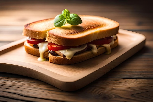 Un panino con contorno di pomodoro e formaggio sopra un tagliere di legno.