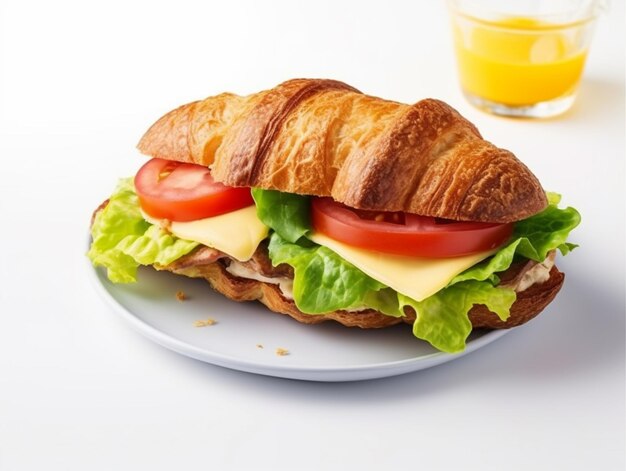 Un panino con croissant con sopra lattuga, pomodoro e formaggio.