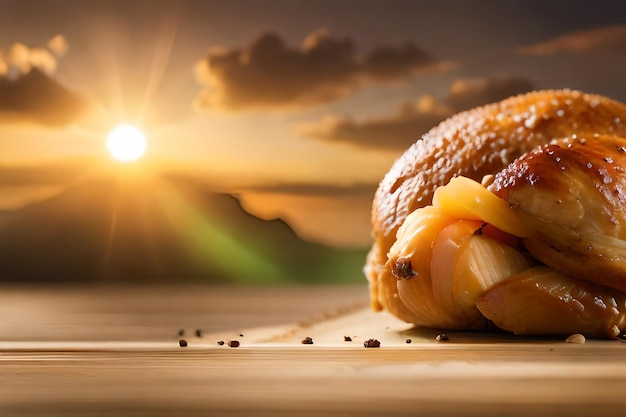 un panino con formaggio e un tramonto sullo sfondo