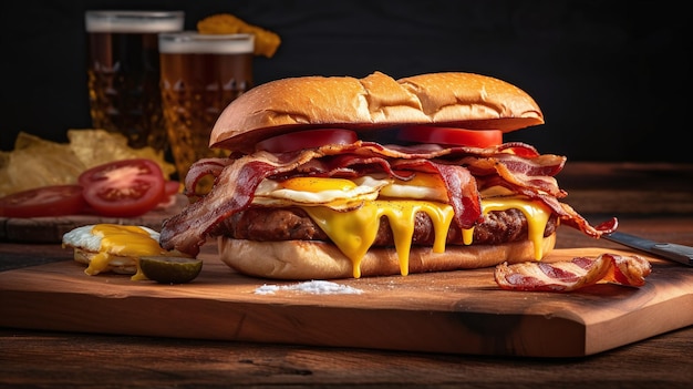 Un panino con pancetta e uova con un bicchiere di birra dietro.