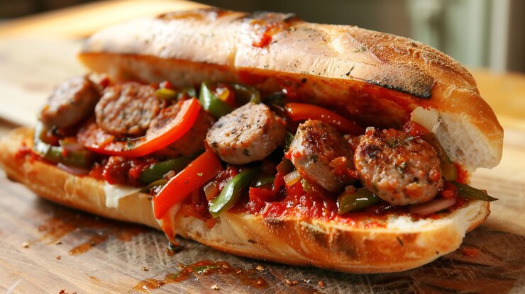 Foto un panino con peperoncini di carne e peperoncini