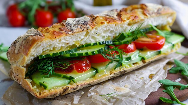 Un panino con pomodori, cetrioli e cipolle.