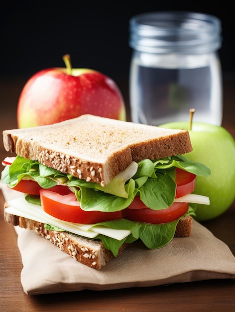 un panino con pomodoro e formaggio e una bottiglia d'acqua