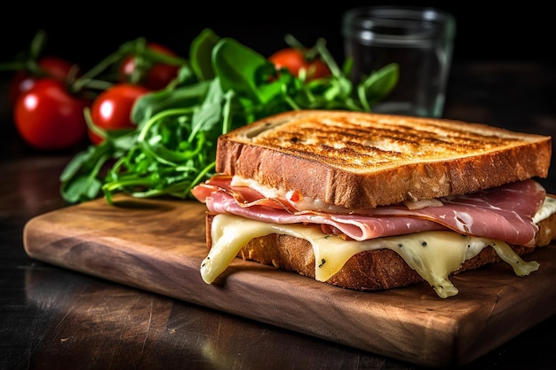 Un panino con prosciutto e formaggio sopra