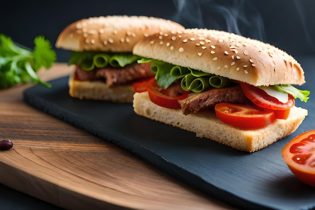 Un panino con sopra carne e pomodoro