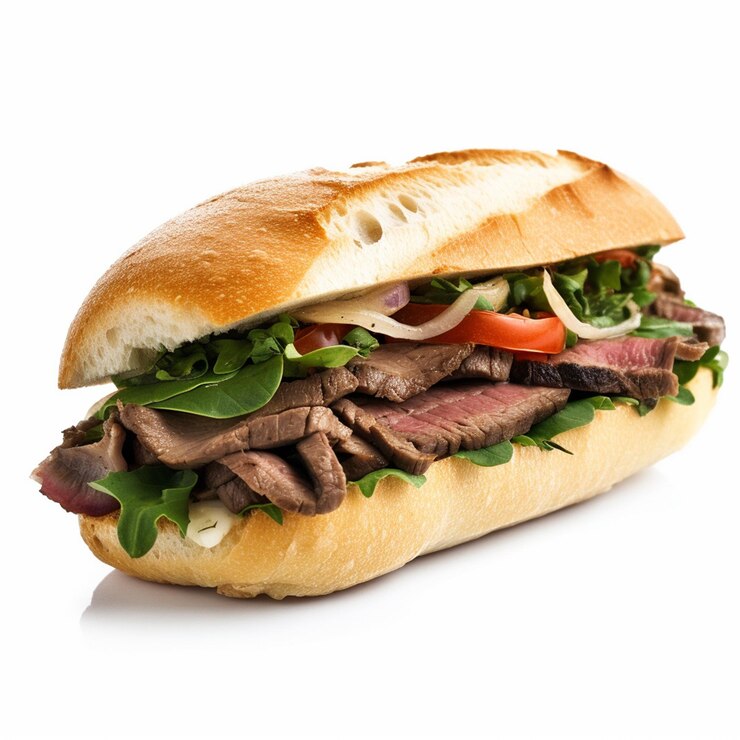 Un panino con sopra carne e verdure