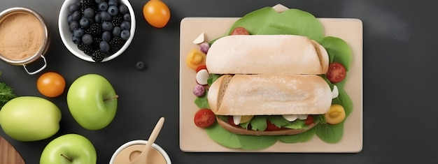 Un panino con sopra un piatto verde e una ciotola di verdure