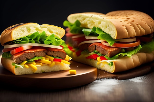 Un panino con sopra una fetta di carne e formaggio