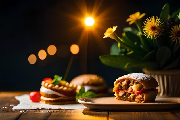 un panino con un fiore sullo sfondo e un fiore nello sfondo