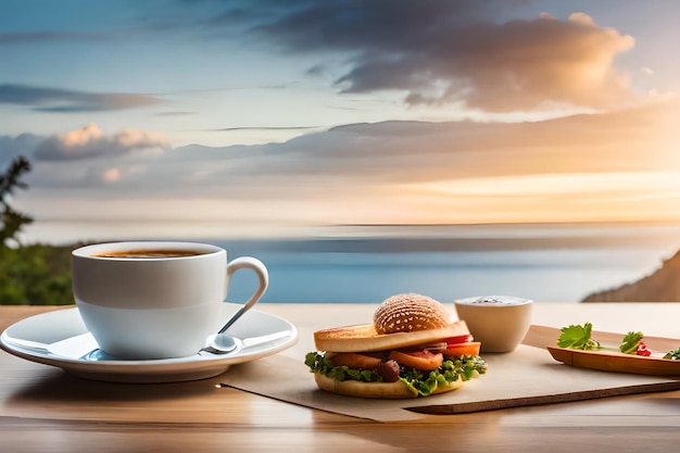 Un panino e una tazza di caffè su un tavolo con un tramonto sullo sfondo.