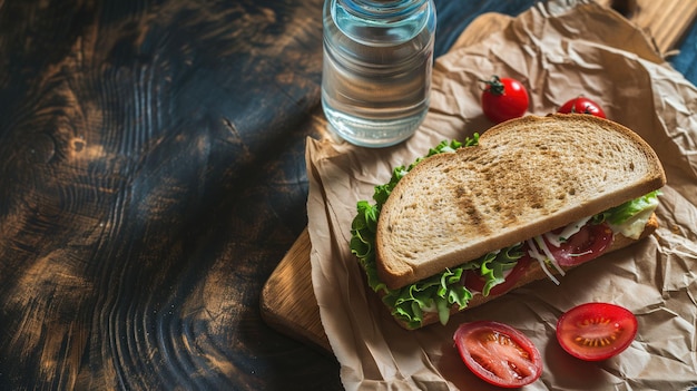 Un panino sano con lattuga e pomodoro su uno sfondo di legno rustico accanto all'acqua