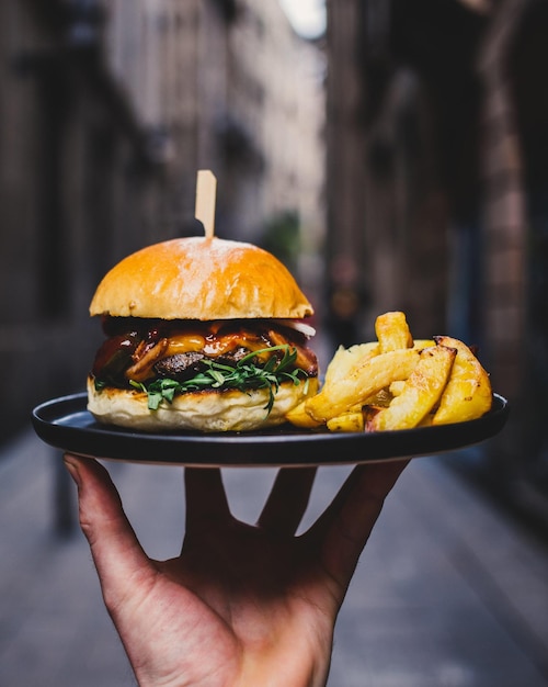 un panino su un piatto con patatine fritte e uno stuzzicadenti sullo sfondo.