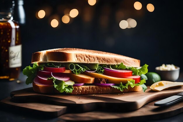 Un panino su un tavolo da taglio con una luce sullo sfondo.