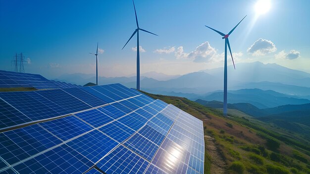 Un pannello solare e turbine eoliche su un fianco di montagna con un cielo blu e nuvole sullo sfondo e