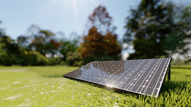 Un pannello solare si trova sull'erba davanti a un albero.