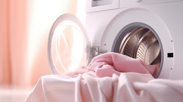 Un panno rosa è posto davanti a una lavatrice ai