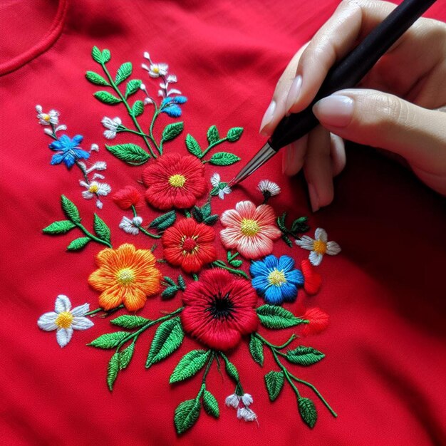 un panno rosso con fiori e un pennello da crochet