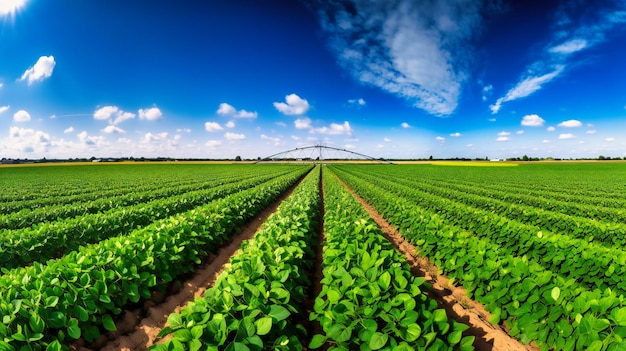 Un panorama mozzafiato di un campo agricolo di soia con un moderno sistema di irrigazione al lavoro