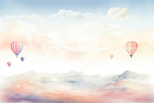 Un panorama onirico di palloncini d'aria calda che galleggiano sopra un paesaggio tranquillo sfumature morbide e nuvole dolci stile acquerello su uno sfondo bianco animazione 3D
