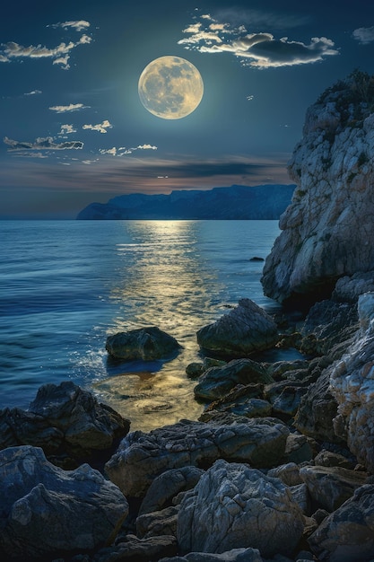 un panorama romantico e panoramico con la luna piena sul mare di notte