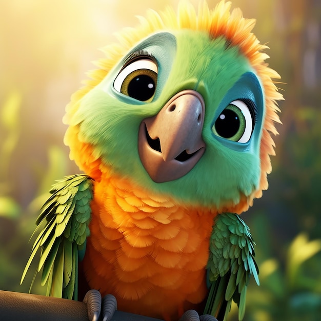 Un pappagallo carino e amichevole con piume verdi e arancioni