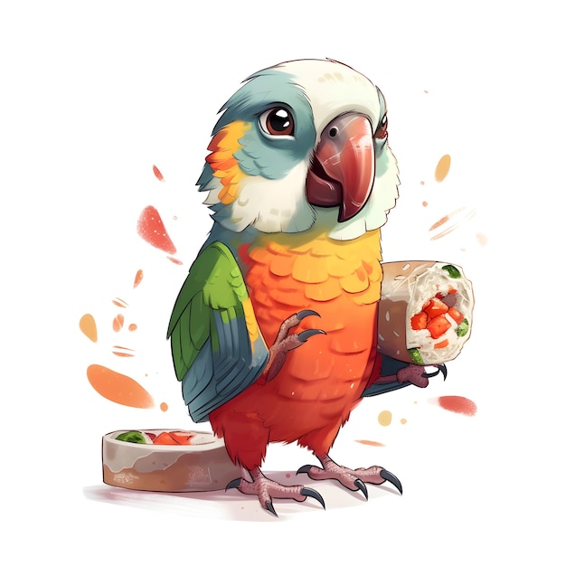 Un pappagallo cartone animato con una pellicola con su scritto "avocado".