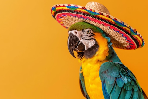 Un pappagallo che indossa un cappello sombrero e abiti in stile messicano