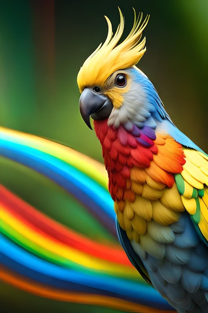 Un pappagallo colorato con un arcobaleno sullo sfondo