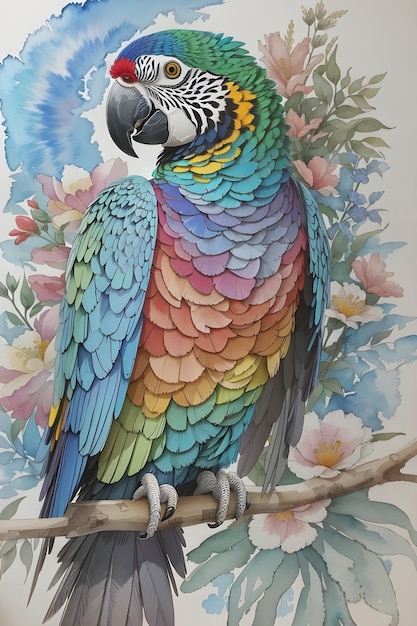 Un pappagallo colorato è su un ramo con fiori sullo sfondo.