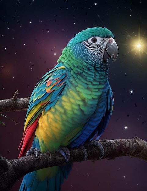 un pappagallo colorato si siede su un ramo con le stelle sullo sfondo.