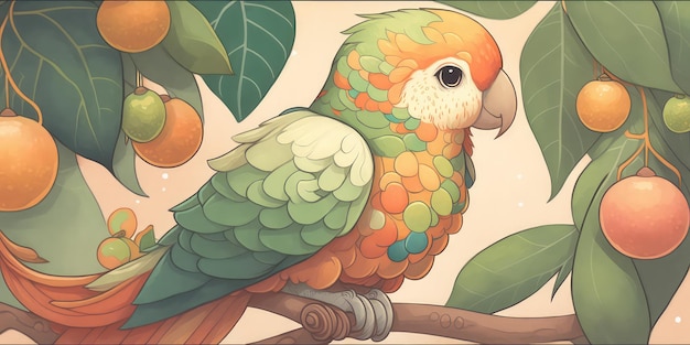 Un pappagallo colorato si siede su un ramo con uno sfondo verde e arancione.