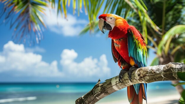 Un pappagallo colorato si trova su un ramo di un albero con una splendida spiaggia tropicale e un cielo limpido