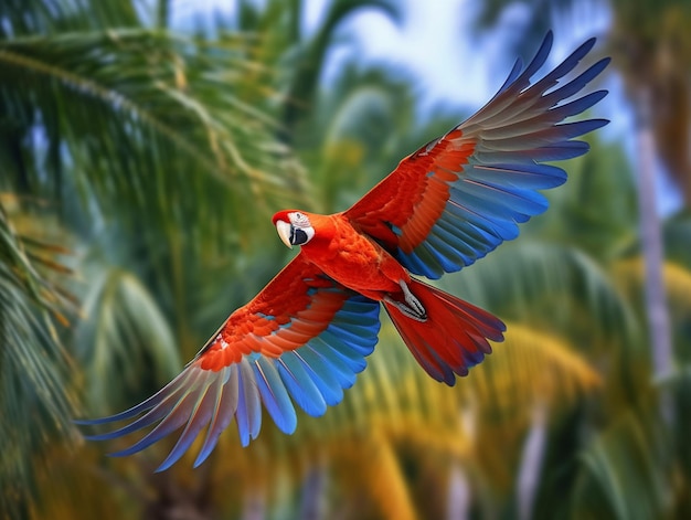 Un pappagallo con ali blu e rosse sta volando in aria con palme sullo sfondo.