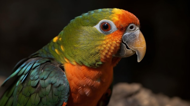 Un pappagallo con becco giallo e piume arancioni.