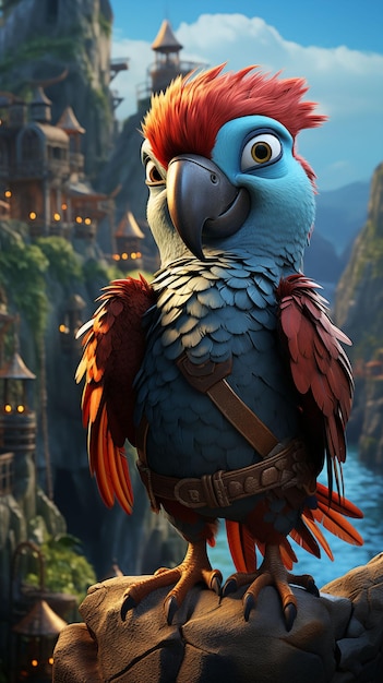 Un pappagallo con i capelli rossi si trova su una roccia mostrando il suo vibrante piumaggio sullo sfondo accidentato