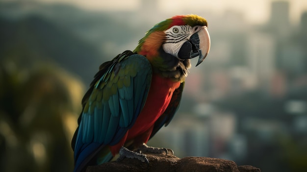 Un pappagallo con il corpo rosso e blu e la testa verde è seduto su una roccia.