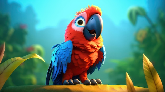 Un pappagallo con la faccia blu e gli occhi azzurri si siede su un ramo in una giungla.
