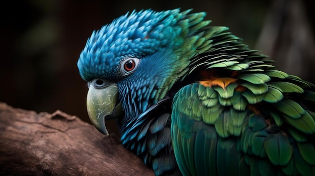 Un pappagallo con una testa blu e piume verdi siede su un ramo.