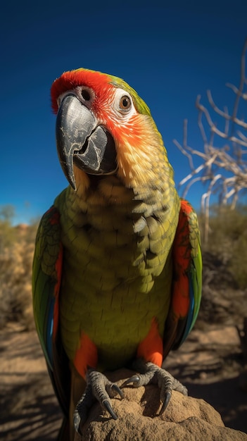 Un pappagallo è seduto su una roccia nel deserto.