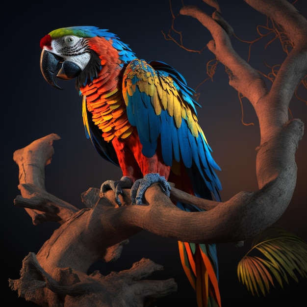 Un pappagallo si siede su un ramo davanti a uno sfondo nero.