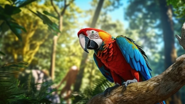 Un pappagallo si siede su un ramo in una giungla.